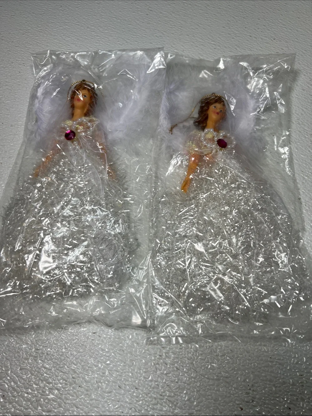 Vintage White Feathers Christmas Angel Birthstone Ornament June Set 2